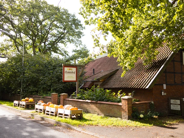 Riekelnhof Mosterei Riekelnhof Mosterei mit Fachwerk-Gebäude, Kürbiskisten und grünen Bäumen in ländlicher Umgebung.