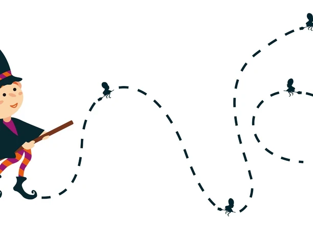 Comic-artiges Bild einer Hexe mit rotem Haar und schwarzem Mantel und Hut auf einem Besen