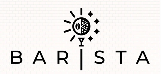 Schwarzes Logo mit dem Wort BARISTA, mittig verziert durch ein Symbol aus Kaffeebohne und Pizzaelementen.