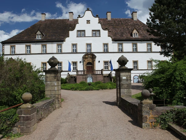 Historisches Schlossgebäude mit weißer Fassade und prächtigem Eingang, umgeben von grünem Garten.