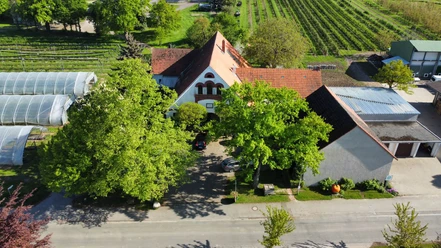 Obsthof Wickemeyer Luftaufnahme des Obsthofs mit Gebäude, umgeben von Gärten und Gewächshäusern, bei sonnigem Wetter.