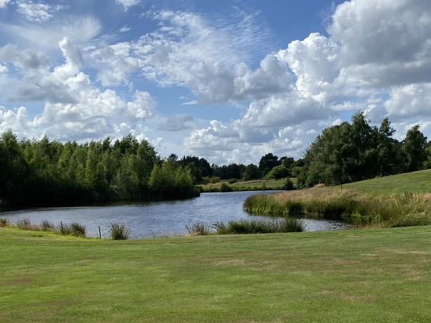 IMG_7975.jpg Eine Landschaft mit saftig grünen Wiesen und einem sanft geschwungenen Teich, umgeben von dichten Bäumen unter einem weiten, bewölkten Himmel.