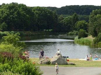Sonnensee.JPG Menschen entspannen an einem kleinen See vor einem bewaldeten Hintergrund, mit Wiesen und einem Wohnmobil.