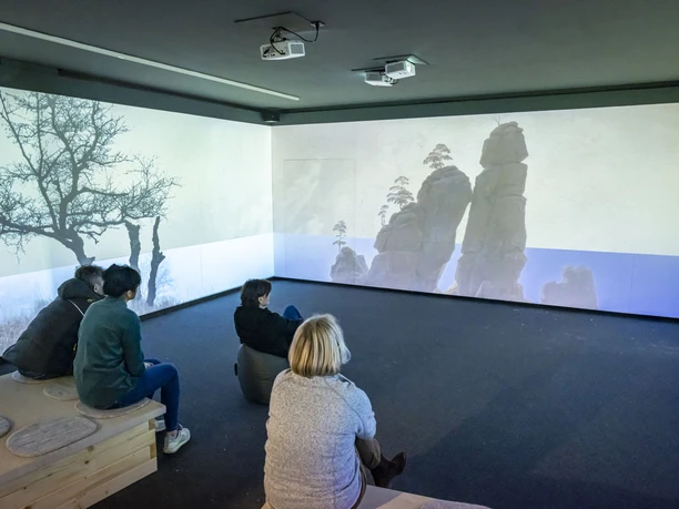 Mediale Ausstellung "CDFriedrich inspiriert“ Lidé sedí v tmavé místnosti a dívají se na projekci skal a stromů na stěnách. Atmosféra je klidná a soustředěná.