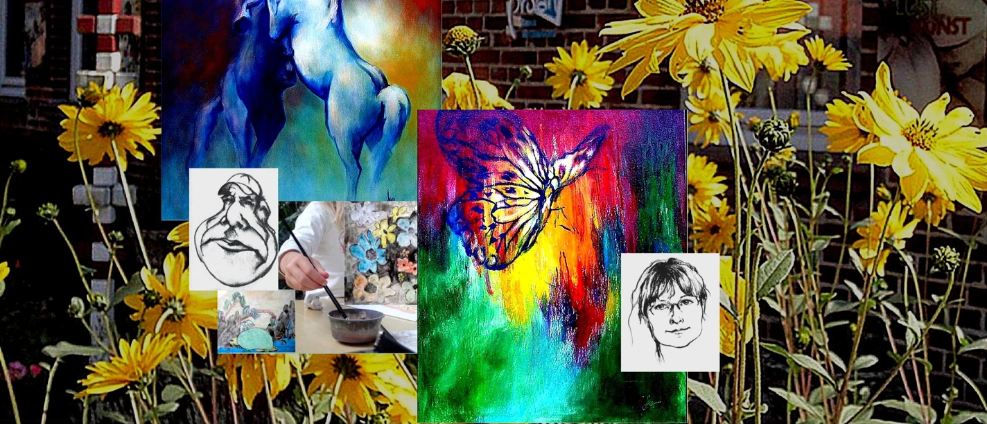 PROArt-Bispingen.jpg Collage bunter Gemälde mit Pferden und Schmetterling zwischen gelben Blumen am Atelier.