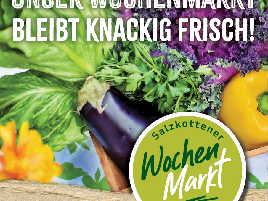 Wochenmarkt_Social.png Frisches Gemüse wie Paprika, Aubergine und Salat sind auf einem Plakat für den Wochenmarkt abgebildet.