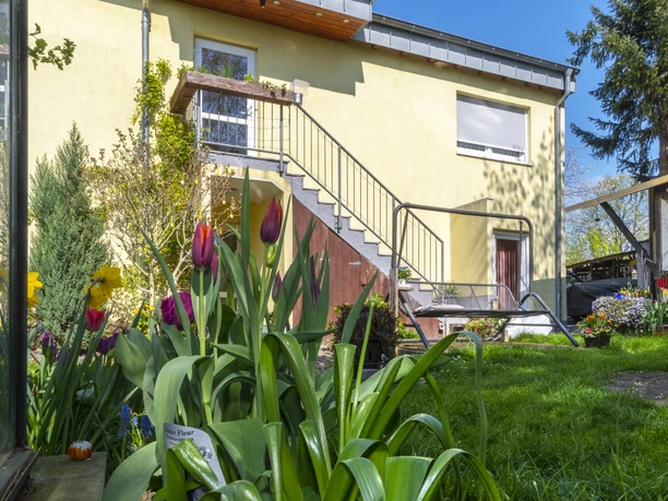 Eingang Hinterhofgarten mit blühenden Tulpen im Vordergrund vor einem gelben Haus mit Außentreppe.