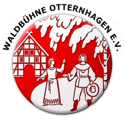Logo-Waldbühne-Otternhagen Zwei Figuren in traditionellen Outfits tanzen vor einem Fachwerkhaus unter Bäumen im Logo-Stil.