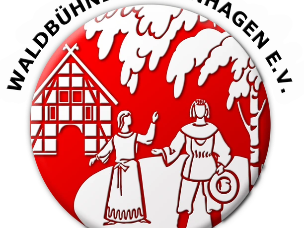 Logo-Waldbühne-Otternhagen Zwei Figuren in traditionellen Outfits tanzen vor einem Fachwerkhaus unter Bäumen im Logo-Stil.