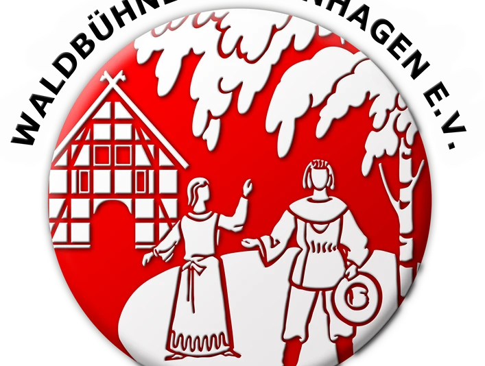 Logo-Waldbühne-Otternhagen Zwei Figuren in traditionellen Outfits tanzen vor einem Fachwerkhaus unter Bäumen im Logo-Stil.