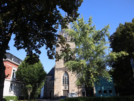 Die Petrikirche in Herford, umgeben von grünen Bäumen, im sanften Licht eines klaren Frühlingstags.