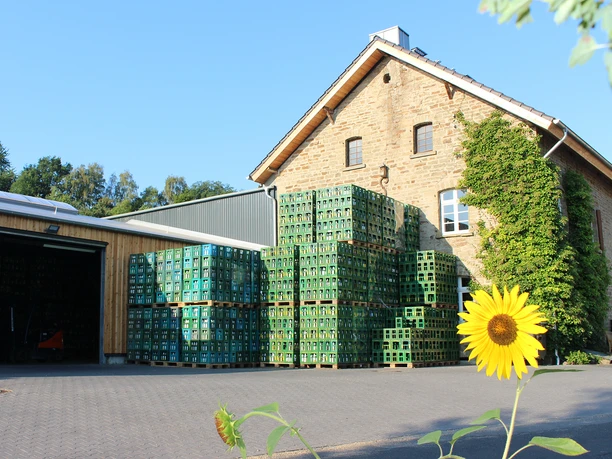Ansicht Hof Historisches Gebäude mit grün bewachsenen Ziegelwänden, Paletten mit grünen Flaschen, sonniger Himmel.