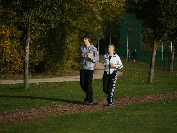 Finnenbahn_SHS_CC-BY-SA_Teutoburger_Wald_Stadt_Schloss_Holte-Stukenbrock_Dirk_Topel (3).jpg Zwei Personen joggen entspannt auf einem schmalen Parkweg zwischen Bäumen und grünem Rasen.