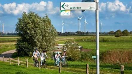 Familie auf ausgeschildeter Radroute Familie auf Radroute