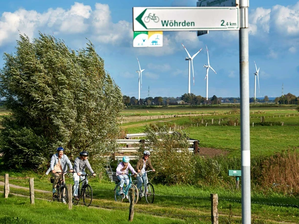 Familie auf ausgeschildeter Radroute Familie auf Radroute