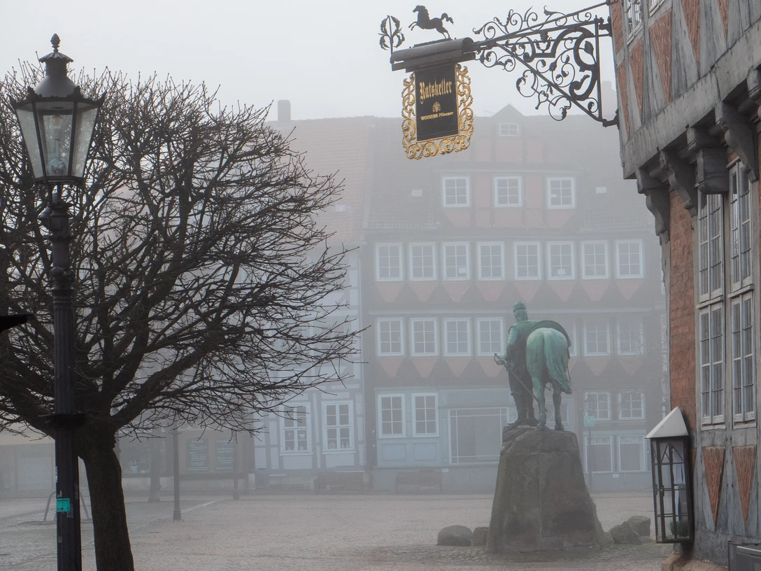 Nebel-Stadtmarkt.jpg Fachwerkhäuser, Denkmal und ein kahler Baum im NebelHalf-timbered houses, a monument and a bare tree in the fogBindingsværkshuse, et monument og et nøgent træ i tågenVakwerkhuizen, een monument en een kale boom in de mist