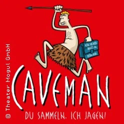 Leuchtend roter Hintergrund mit humorvoller Cartoonfigur des "Caveman", gehalten im Höhlenmenschen-Stil.