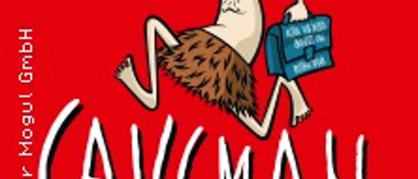 Leuchtend roter Hintergrund mit humorvoller Cartoonfigur des "Caveman", gehalten im Höhlenmenschen-Stil.