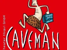 Leuchtend roter Hintergrund mit humorvoller Cartoonfigur des "Caveman", gehalten im Höhlenmenschen-Stil.