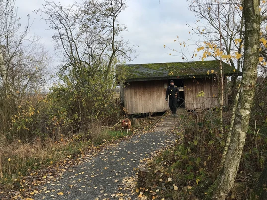 Vogelbeobachtungsturm Winzlar am Steinhuder Meer Holzbeobachtungsturm im herbstlichen Naturschutzgebiet mit Spaziergängern und Hund.