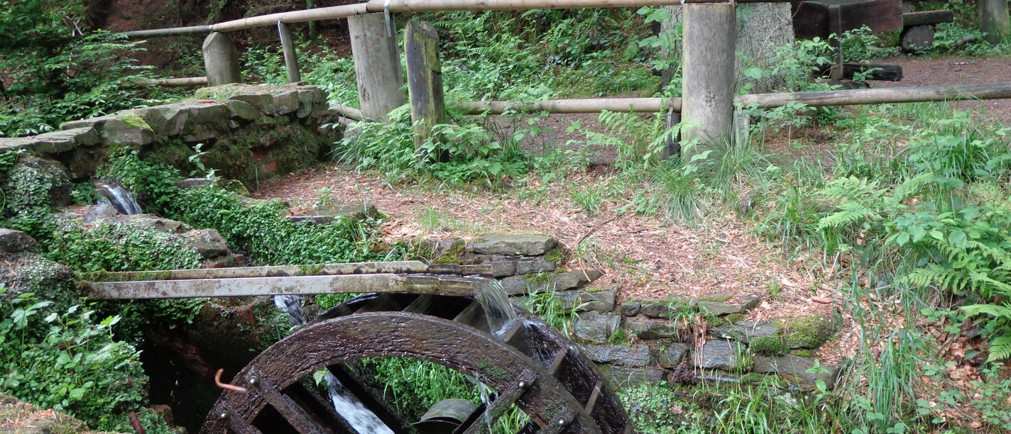 Mühle im Eifgenbachtal Altes hölzernes Wasserrad im Grünen, umgeben von Bäumen und einem rustikalen Holzzaun.