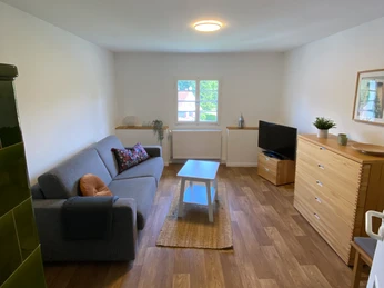 Wohnzimmer in der Ferienwohnung Privatunterkunft Wolff in Heiligenhaus Wohnzimmer mit Holzfußboden, grauem Sofa, Couchtisch, TV-Schrank und Fenster mit Blick ins Grüne.