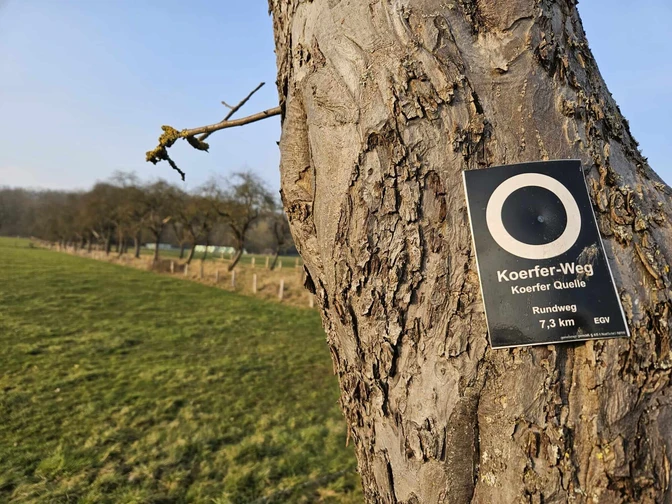 Ein Holzschild am Baum markiert den 7,3 km langen Koerfer-Weg durch eine offene Wiesenlandschaft.