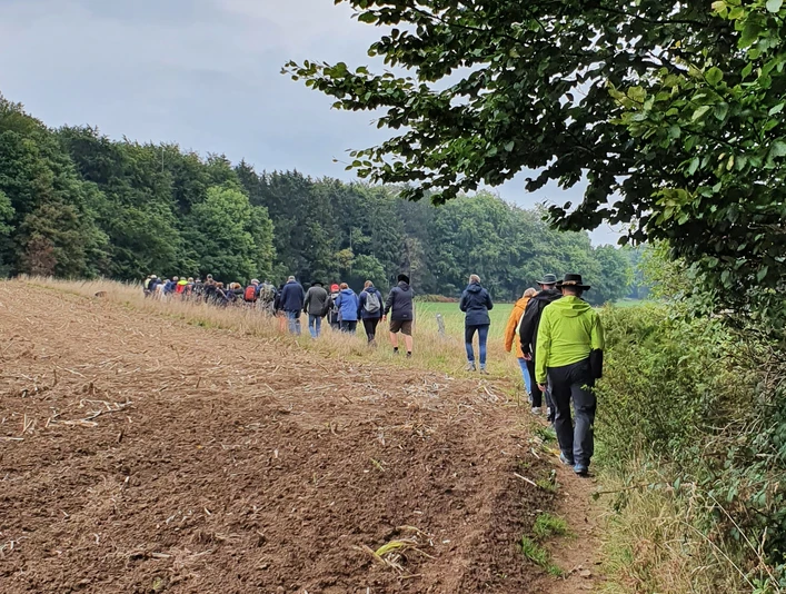 Whisky Wanderung Eine Wandergruppe spaziert am Rand eines frisch gepflügten Feldes entlang, flankiert von Bäumen.