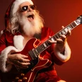 Weihnachtskonzert Ein fröhlicher Weihnachtsmann mit Sonnenbrille spielt Gitarre in festlichem rotem Anzug.