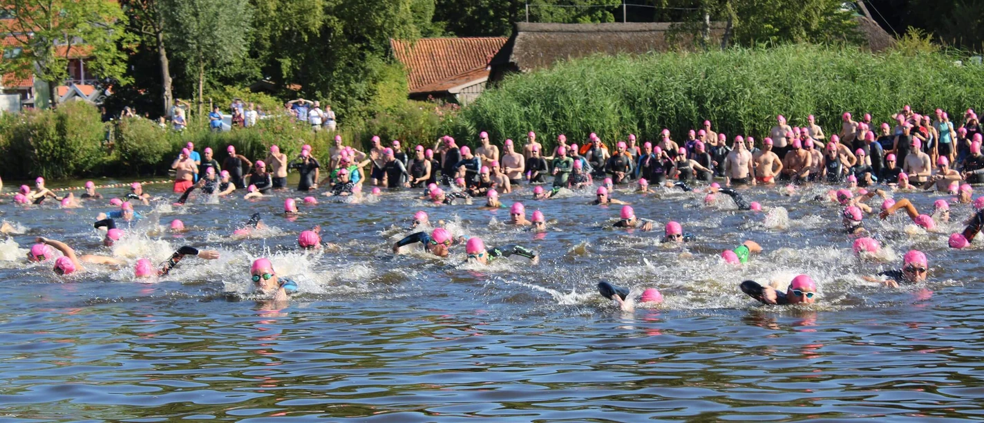 quer-durchs-meer-schwimmerfeld2.jpg In the middle of a lake, many people with pink bathing caps swim in the water; they are densely packed and surrounded by lush greenery and numerous spectators on the shore.
