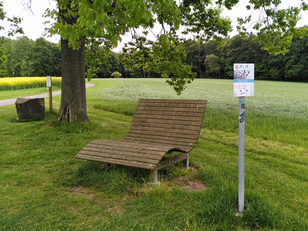 Waldsofa an der Wilhelmshöhe Stemwede Holzliegebank unter einem Baum an einem Wanderweg, mit Blick auf grüne Wiesen und Wälder.