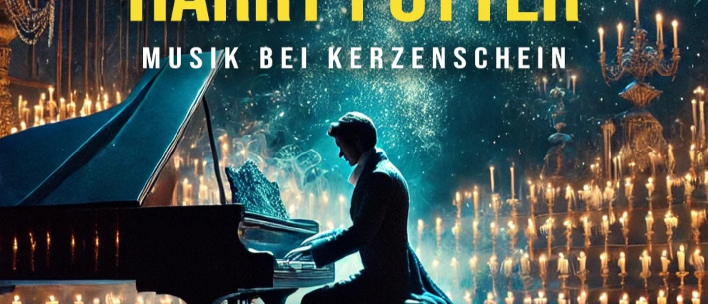 Harry Potter Musik Plakat: Pianist am Flügel, umgeben von Kerzen, zu „Harry Potter Musik bei Kerzenschein“.