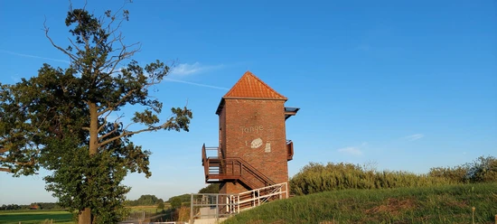 Landschaftsfenster Tange.jpg Das Bild zeigt einen Backsteinturm mit einem spitzen, roten Ziegeldach. Der Turm ist mit hölzernen Treppen und Geländern umgeben, die Besucher zur Aussichtsplattform führen. Links im Vordergrund steht ein großer Baum, und im Hintergrund erstreckt sich die Landschaft unter einem klaren blauen Himmel. Der Turm befindet sich in einer grünen Umgebung, die auf die ländliche Idylle der Region hindeutet.