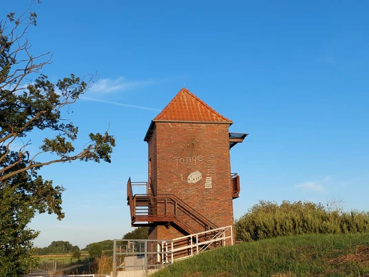 Landschaftsfenster Tange.jpg Das Bild zeigt einen Backsteinturm mit einem spitzen, roten Ziegeldach. Der Turm ist mit hölzernen Treppen und Geländern umgeben, die Besucher zur Aussichtsplattform führen. Links im Vordergrund steht ein großer Baum, und im Hintergrund erstreckt sich die Landschaft unter einem klaren blauen Himmel. Der Turm befindet sich in einer grünen Umgebung, die auf die ländliche Idylle der Region hindeutet.