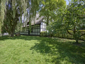 Museumshof im Siekertal Fachwerkgebäude mit reetgedecktem Dach umgeben von Bäumen und einer gepflegten Rasenfläche.