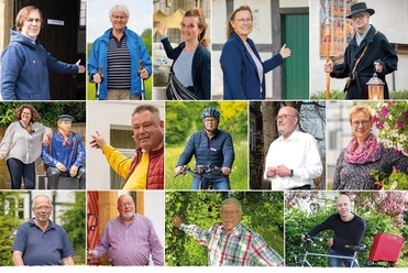 Bildercollage Stadtführer.jpg Collage mit 14 lächelnden Menschen verschiedener Altersgruppen in unterschiedlichsten Umgebungen.