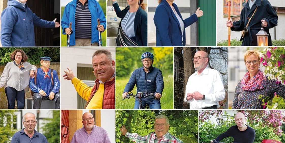 Bildercollage Stadtführer.jpg Collage mit 14 lächelnden Menschen verschiedener Altersgruppen in unterschiedlichsten Umgebungen.