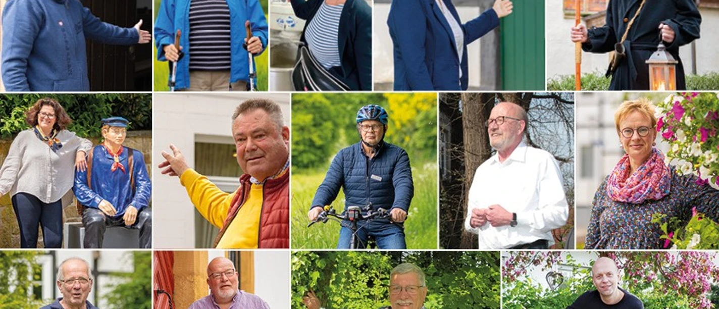 Bildercollage Stadtführer.jpg Collage mit 14 lächelnden Menschen verschiedener Altersgruppen in unterschiedlichsten Umgebungen.