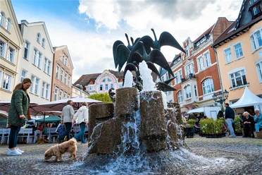 Brunnen mit Wasserspiel und umgeben von historischen Gebäuden auf dem lebhaften Gänsemarkt in Herford.