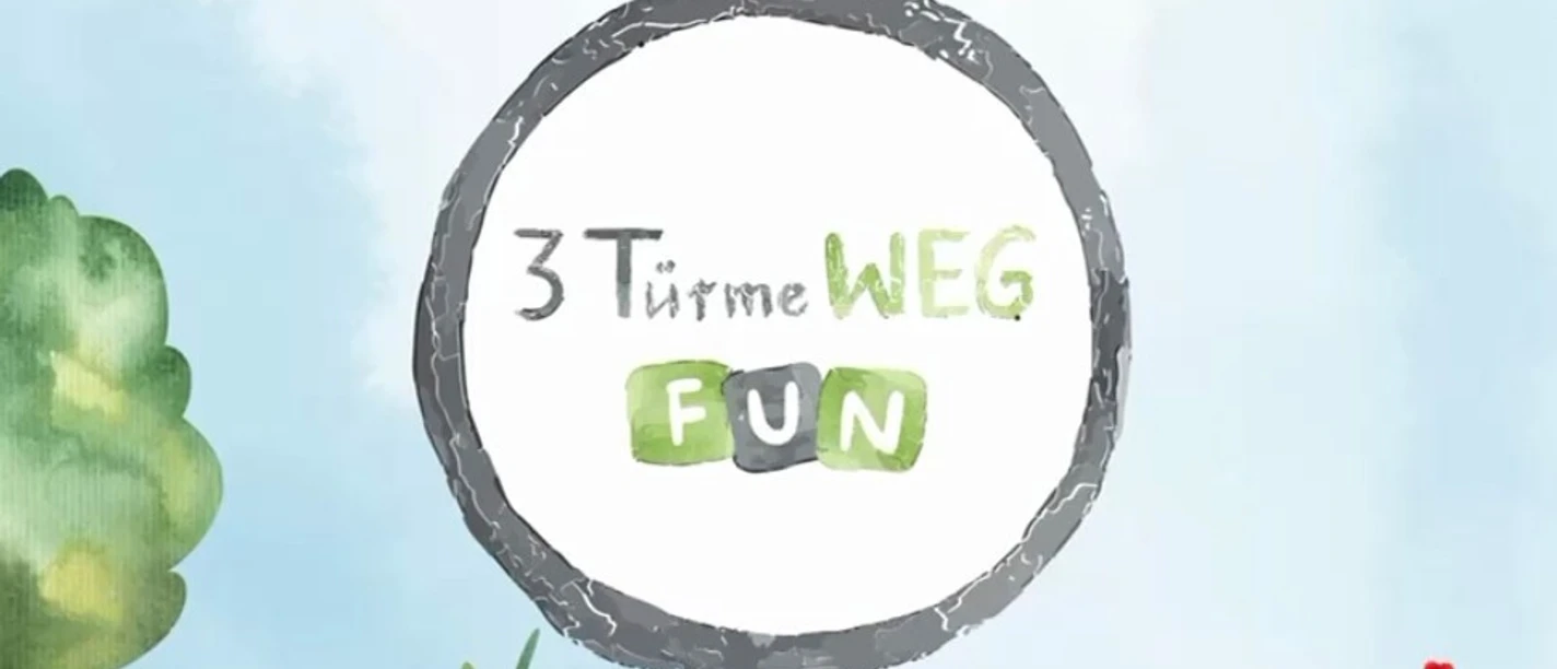 Logo des 3 TürmeWEG Fun, ein runder Rahmen mit grüner Schrift auf hellem Hintergrund, Bäume hinzugefügt.
