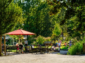 Flora-Westfalica-Park_Spielerei4_Foto M Wallenfang.jpg Menschen entspannen an einem sonnigen Tag in einem grünen Park mit roten Sonnenschirmen und Sitzbereichen.
