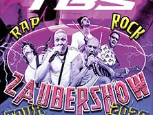 Das Bild zeigt eine energiegeladene Rap- und Rockband auf einer Plakatwerbung für eine Zaubershow-Tour.