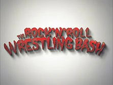 Schriftzug "The Rock'n'Roll Wrestling Bash" in roter, verspielter Schrift auf grauem Hintergrund.