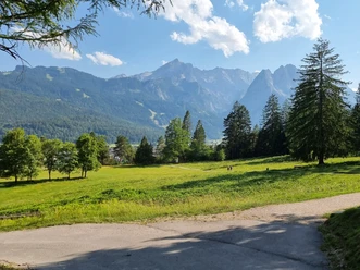 Panoramablick vom Kramerplateauweg Weite Wiese mit Bäumen vor hohen Bergen unter blauem Himmel, ein Weg mit Wanderern im Feld