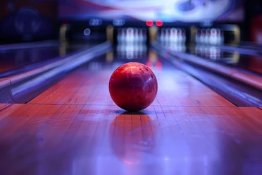 Red bowling ball on an illuminated bowling alley, blurred bowling pins can be seen in the background, the atmosphere is lively and colorful.