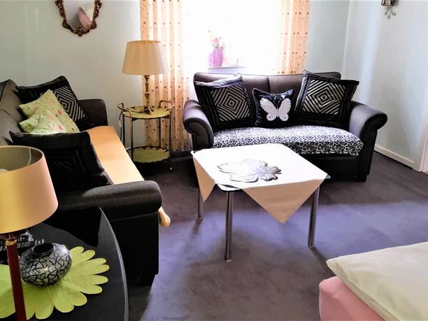 Wohnzimmer mit zwei Sofas, dekorativen Kissen, Beistelltisch, Stehlampe und großen Fenstern.