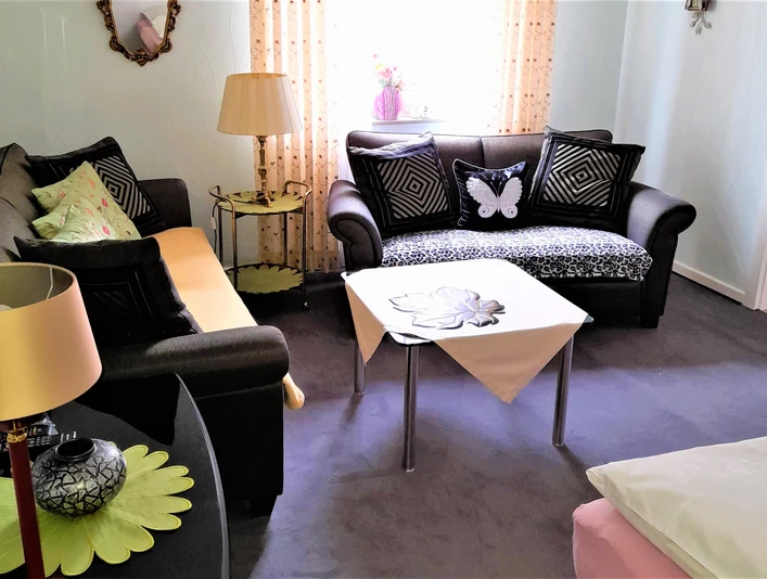 Wohnzimmer mit zwei Sofas, dekorativen Kissen, Beistelltisch, Stehlampe und großen Fenstern.