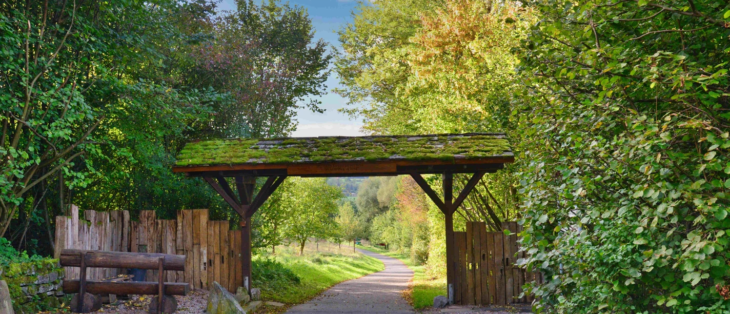 Landwehrtor Lütmarsen.jpg Landwehrtor aus Holz mit Bewuchs rechts und links des Weges