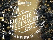 Das Bild zeigt ein festliches Design mit dem Schriftzug "Kölsche Weihnacht" umgeben von Tannenzweigen und goldenen Kugeln.