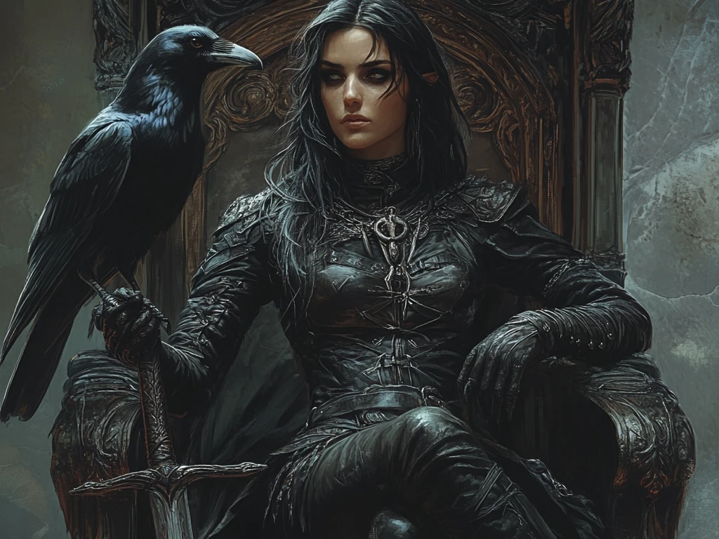 Flüche und Erlösungen (KI) Eine mysteriöse Frau in schwarzer Rüstung sitzt auf einem Thron, ein Rabe auf ihrer Hand.
